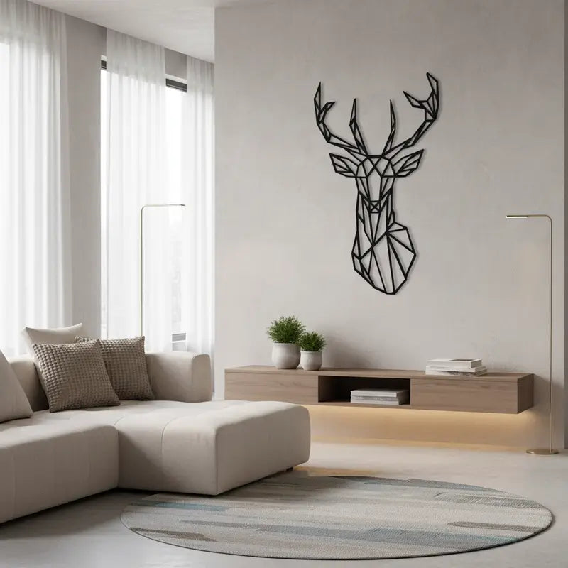 Geometrische hertenkop houten wanddecoratie van Laser Vakwerk aan de muur in een moderne woonkamer, lasersneden uit antraciet MDF