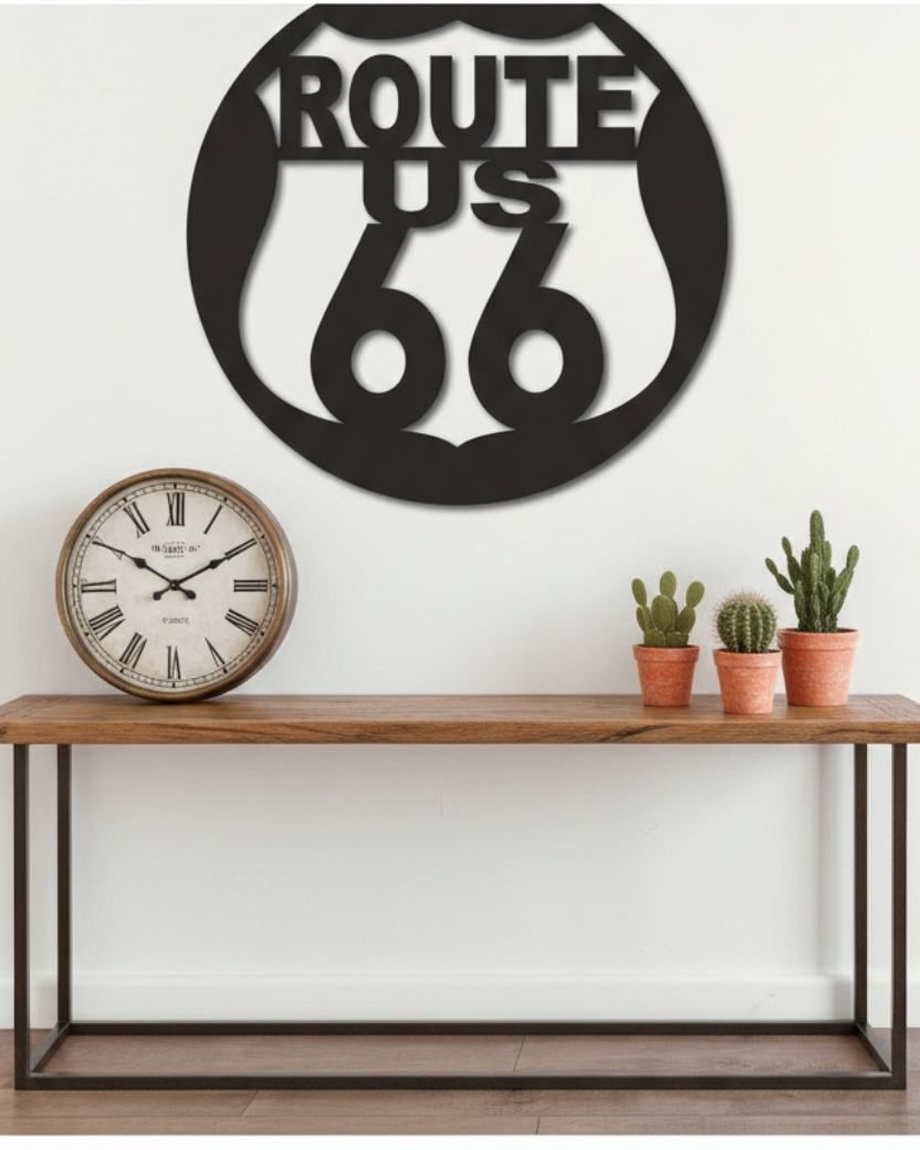 Route 66 wanddecoratie op witte muur boven eiken console met vintage klok en cactussen, industrial farmhouse