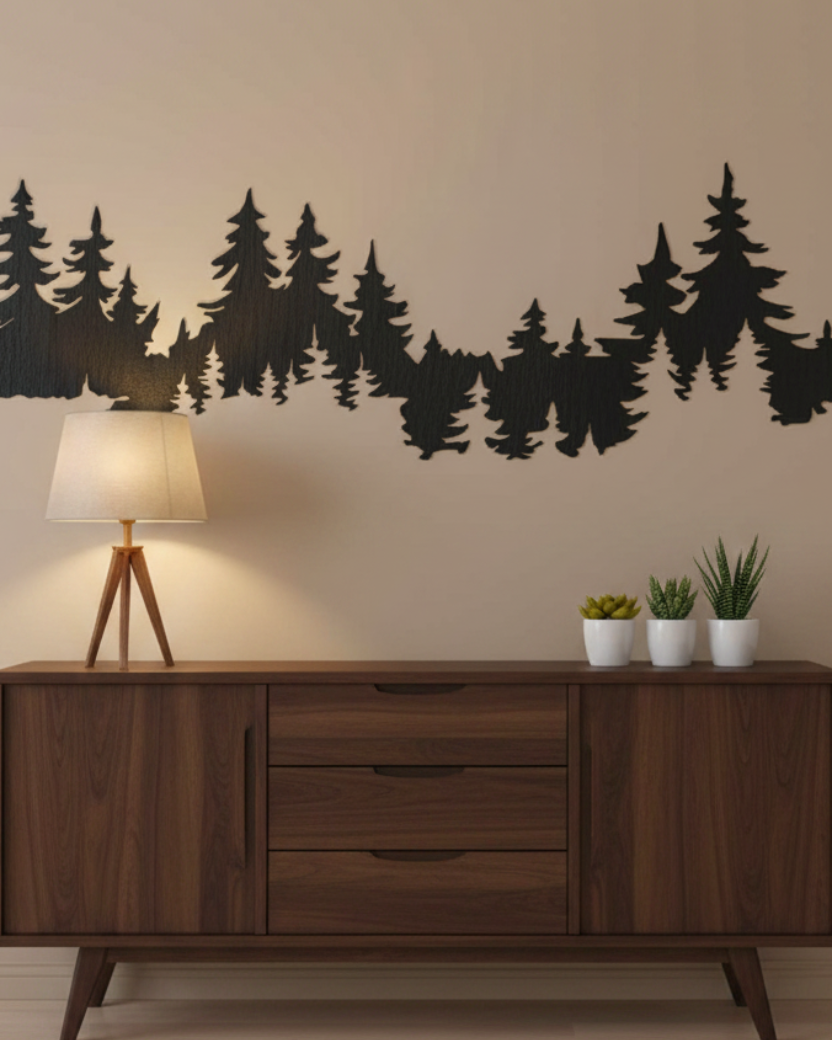 Dennenbos silhouet op zandbeige muur boven walnoten dressoir, mid-century modern interieur