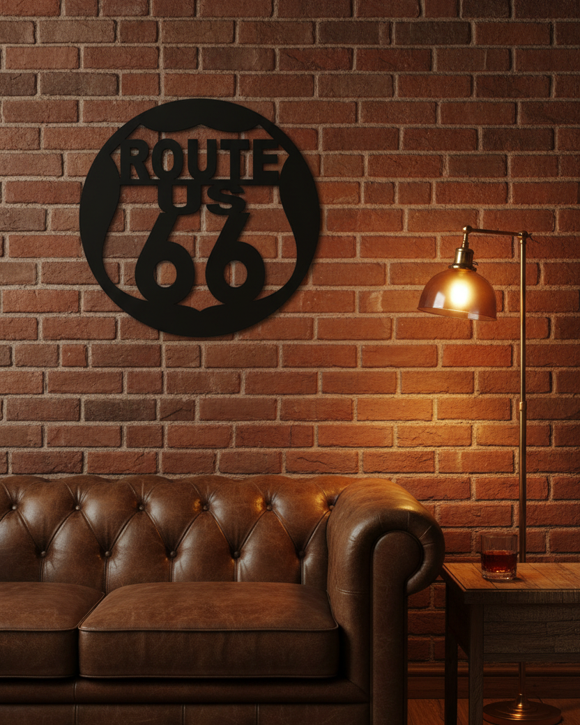 Route 66 wanddecoratie op baksteenrode muur boven vintage leren bank, retro man cave interieur