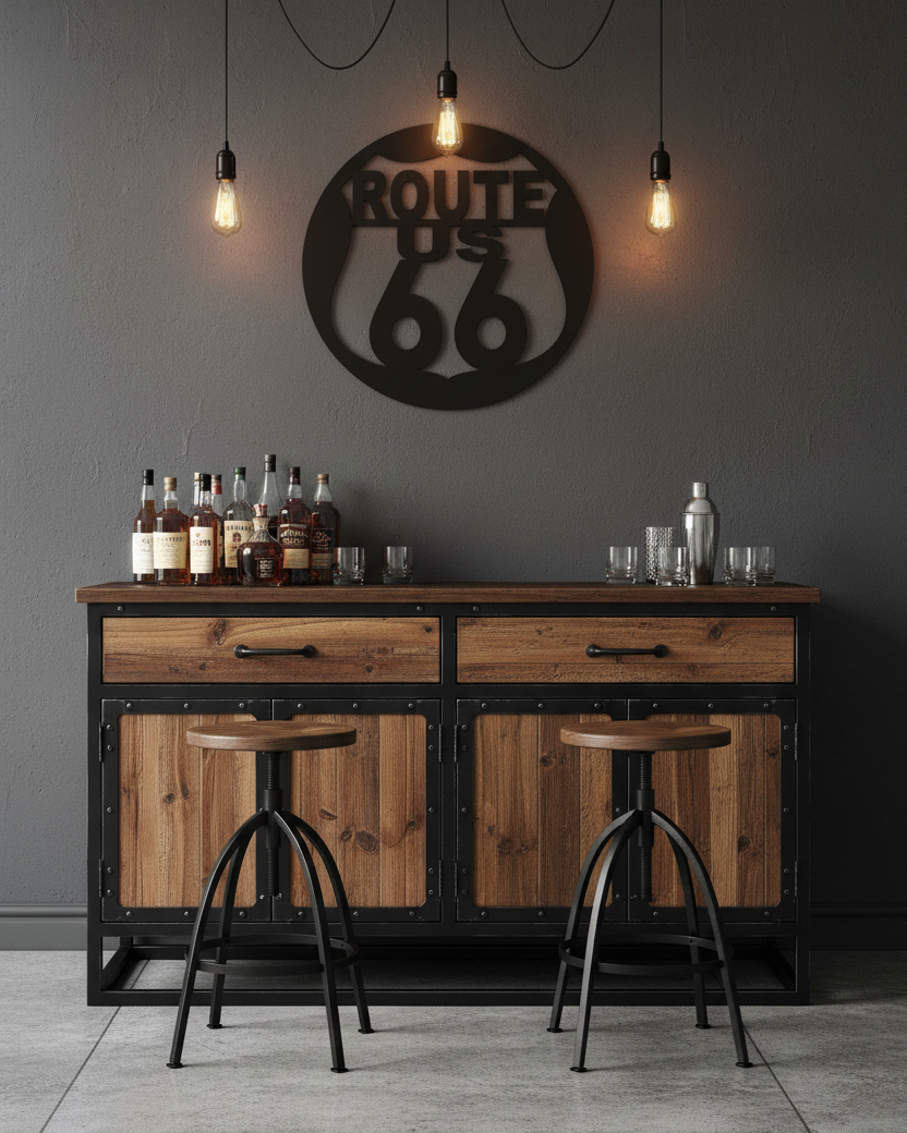 Route 66 wanddecoratie op antraciet muur boven industrieel bar meubel met whiskey flessen, urban loft