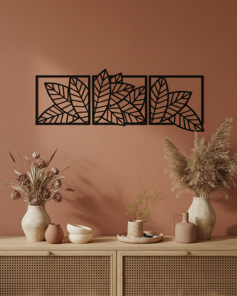 Boombladeren drieluik op terracotta muur boven rotan dressoir, boho interieur
