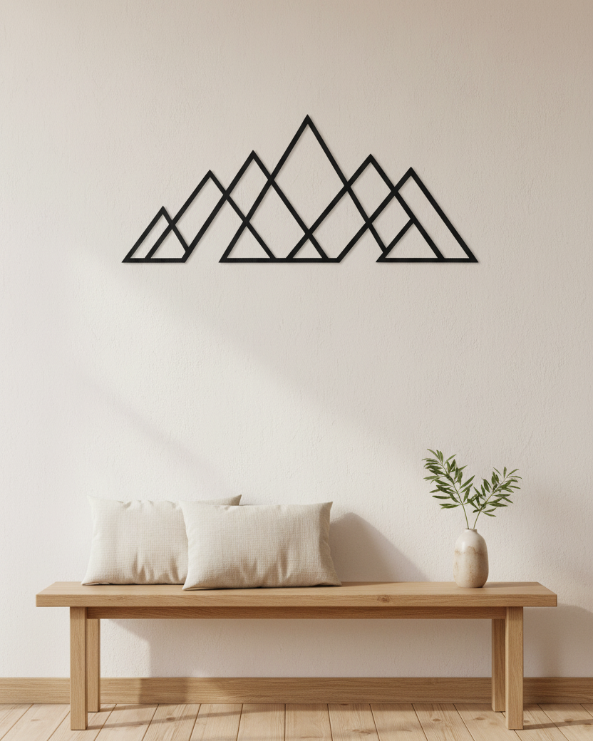 Geometrische bergen op witte muur boven eiken houten bank, Japandi eetkamer