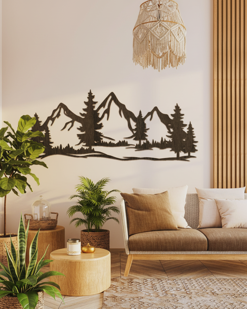 Bergen en bos wanddecoratie op crème muur boven linnen bank, boho interieur