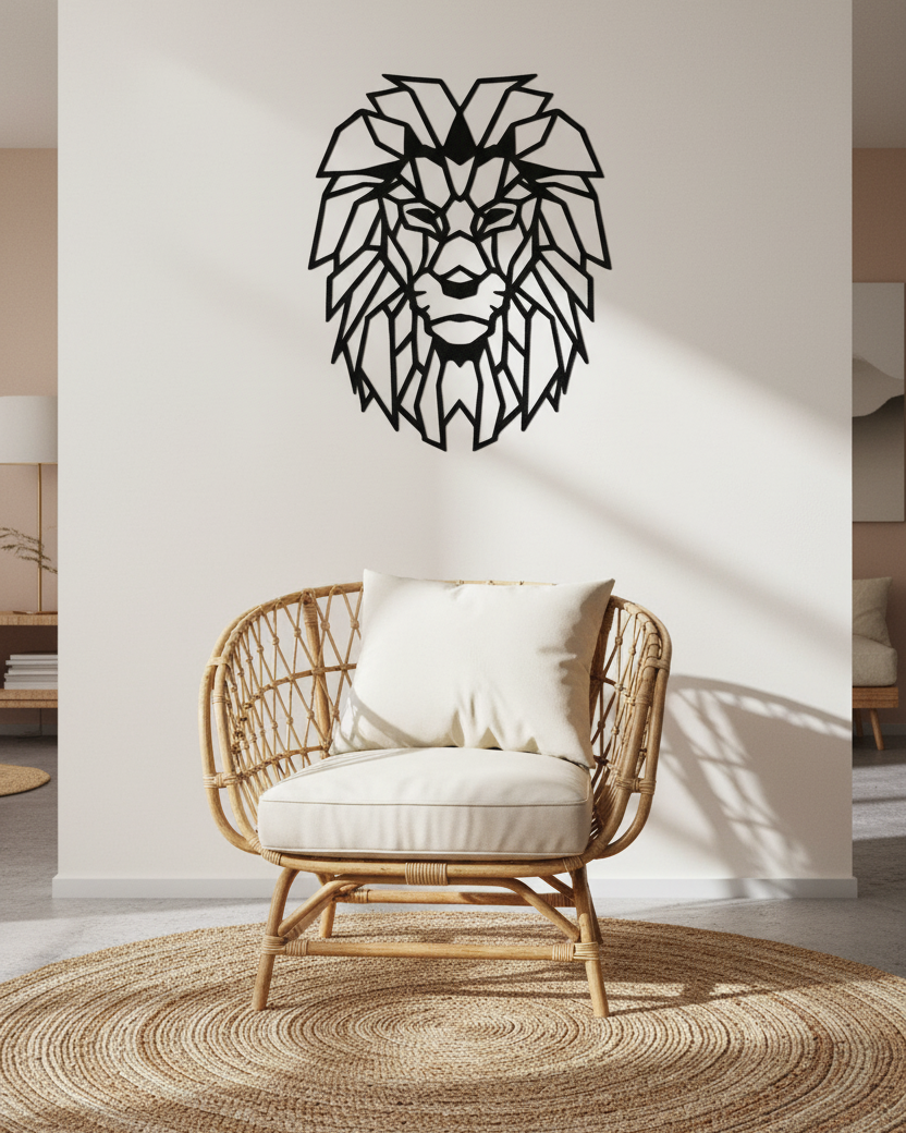 Geometrische leeuw op witte muur boven rotan stoel, boho woonkamer